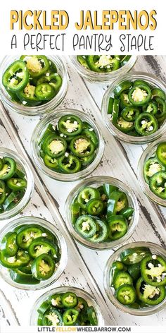 green peppers are in small glass bowls on a white wooden table, ready to be cooked