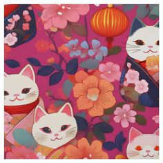 two cats and flowers on a pink background