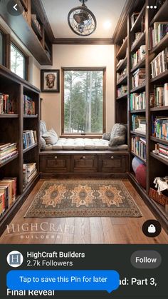 a room with many bookshelves and a rug on the floor