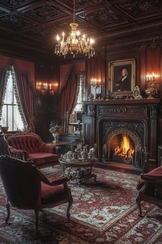 a living room filled with furniture and a fire place under a chandelier hanging from the ceiling