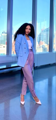 Chill Business Outfits, Lilac Suit Women Outfit, Work Trendy Outfit, Lilac Dress Pants Outfit, All Lavender Outfit, Lavender Slacks Outfit, Business Casual Outfits Pastel, Pastel Blue Blazer Outfit, Powder Blue Blazer Outfits For Women