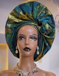 Sego AutoGele, African Headwrap Yoruba Gele, African Fabric, Nigerian Wedding Headpiece Head-Tie, African HeadWrap For Women NEED OTHER COLORS AND DESIGNS OF AUTOGELE HEADWRAPS, BRAIDED WIGS AND AFRICAN CORAL BRIDAL BEADS, VISIT OUR SHOP HERE: https://sereneafrica.etsy.com/ Features: *Quality Sego gele  *Easy to tie and maintain. *Comfortable on the head. *Comes in other lovely colours. We can do this in large numbers for wedding guests. In case of additional/special requests, kindly contact me. Elegant Green Headwrap For Party, Elegant Green Headwrap For Weddings, Sego Gele Styles, Hats Outfit, Headwrap Styles, Fascinator Hats Outfit, African Headwrap, Nigerian Bride, Head Tie