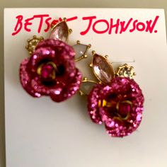 Bnwt - Beautiful Attractive Pair Of Betsey Johnson Pink Rose Earrings With Center Pink Gemstones And Gem Stems In A Gold Setting. #Bjj Pink Rose Design Flower Earrings For Party, Pink Flower Earrings For Evening, Rose Earrings For Valentine's Day Party, Rose Red Rose Design Earrings For Party, Rose Design Rose Red Earrings For Party, Flower Shaped Rose Design Party Earrings, Rose-colored Earrings For Party, Rose Design Flower Earrings For Party, Pink Rose Earrings