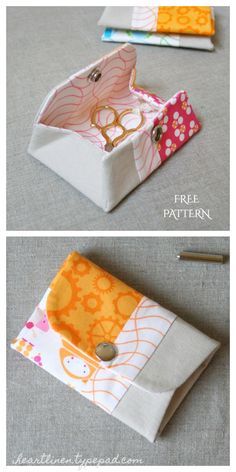 two pictures showing how to sew an envelope with the zipper open and sewing tools in it