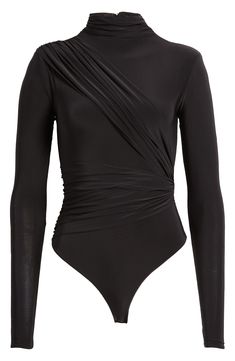 This pretty bodysuit boasts a gathered detail at the shoulder and ruched sides for lots of texture on a curve-hugging silhouette. Funnel neck Long sleeves 95% rayon, 5% spandex Hand wash, line dry Imported Black Fitted Ruched Bodysuit, Fitted Black Ruched Bodysuit, Black Ruched Fitted Bodysuit, Chic Black Ruched Bodysuit, Fitted Long Sleeve Ruched Bodysuit, Long Sleeve Ruched Bodysuit For Night Out, Chic Fitted Ruched Bodysuit, Pretty Bodysuit, Hugging Silhouette