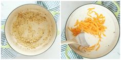 two pictures showing different stages of cooking cheese in a pot and then being stirred with grated cheese