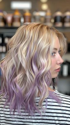 Blonde Hair And Purple Highlights, Blonde Hair With Purple Balayage, Blonde Hair Color Ideas With Peekaboos, Purple Low Lights In Blonde Hair, Hair Color Idea For Blondes, Blonde Hair With Pink And Purple, Blond Hair With Lavender Highlights, Subtle Purple Hair Blonde