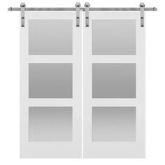 two white sliding doors with frosted glass and metal bars on the top one side