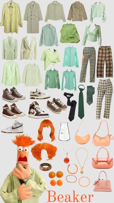 an assortment of clothing and accessories displayed in front of a white background with the words beaker on it