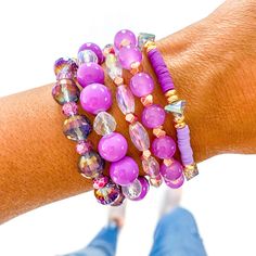 Kaleidoscope Purple Bracelet Stack - The Floratory Luxury Multicolor Beaded Bracelets, Affordable Colorful Statement Beaded Bracelets, Luxury Multicolor Bracelets With Polished Beads, Luxury Multicolor Gemstone Beaded Bracelets, Luxury Multicolor Stackable Bracelets, Cheap Multicolor Stackable Crystal Bracelet, Luxury Multicolor Beaded Bracelet As Gift, Luxury Multicolor Beaded Bracelets As Gift, Luxury Multicolor Beaded Bracelets With Round Beads