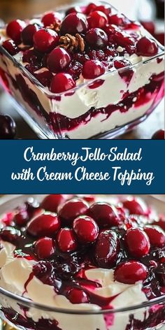 This Cranberry Jello Salad is a delightful combination of sweet and tart flavors, featuring a cranberry-infused gelatin base loaded with crushed pineapple and chopped pecans, all topped with a creamy, tangy cream cheese layer. It's a perfect addition to holiday gatherings or any special occasion. Cranberry Gelatin Recipes, Jello Salad With Cream Cheese, Layered Jello Recipe, Cranberry Jello Salad, Cranberry Salad Recipes, Jello Mold Recipes, Gelatin Salad, Cranberry Jello, Jello Flavors