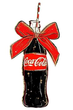 a drawing of a coca cola bottle with a red bow