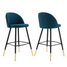 two blue velvet bar stools with gold legs, one in black and the other in teal