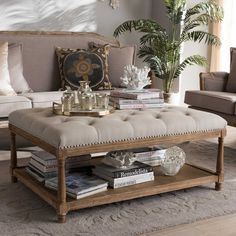 a living room filled with furniture and a coffee table in front of a plant on top of a rug