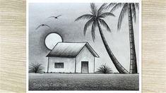 a drawing of a house and palm trees with the sun setting in the sky behind it