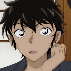 an anime character with black hair and blue eyes looks at the camera while holding his hand to his face