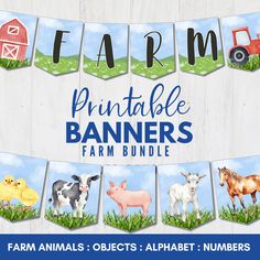 farm animals, objects, and alphabets are displayed on a banner