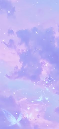 the sky is filled with white stars and some pink clouds, as well as two birds