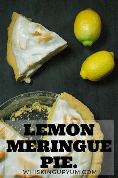 lemon meringue pie on a black table with two lemons in the background