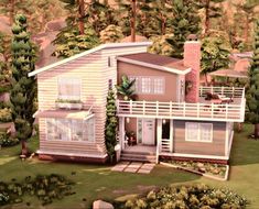 an artist's rendering of a two story house in the woods with trees around it