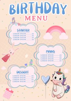 a birthday menu with unicorns and clouds