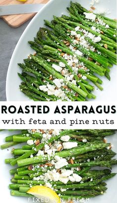 roasted asparagus with feta and pine nuts served on a white platter