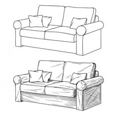 two couches and a chair are shown in black and white, each with pillows on them