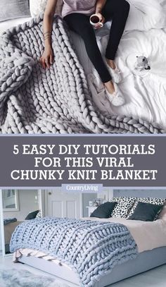 a woman sitting on top of a chunky knit blanket with text overlay that reads, 5 easy diy tutors for this virtual chunky knit blanket