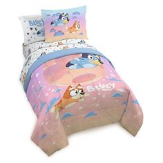 a bed with cartoon characters on it and two pillow cases in the same color scheme