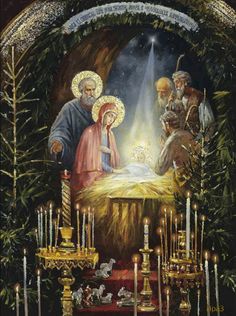 an image of the birth of jesus with candles in front of him and other people