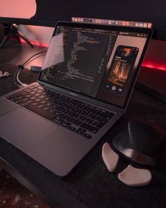 programmer desk setup, red LED lights, black and red standing desk Code Motivation, Programmer Setup, Black Desk Setup, Programmers Desk, Home Office Desk Setup, Office Desk Setup, Best Standing Desk, Black Home Office, Computer Photo