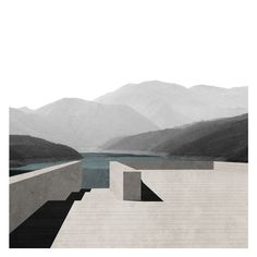 an architectural rendering of a building with mountains in the background and water on the other side