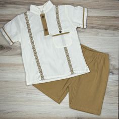 Cute Toddler Mexican Guayabera Set with Shirt and Shorts.  Made of soft linen cotton. fabric. Detailed with an embroidered southwest design.   CARE:Hand Wash with cold waterLine Dry Beige Cotton Sets For The Beach, Beige Cotton Beach Set, Casual Embroidered Sets For Vacation, White Embroidered Vacation Sets, Beach Embroidered Cotton Set, Bohemian Cotton Sets With Short Sleeves, White Bohemian Short Sleeve Sets, Traditional Summer Beach Sets, Casual Embroidered Short Sleeve Set