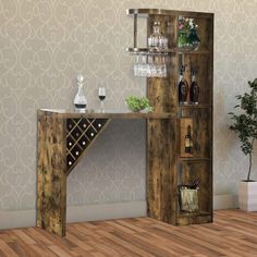 a wooden shelf with wine glasses and bottles on it