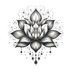 a black and white drawing of a lotus flower with drops of water on the petals