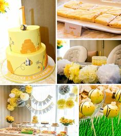 a collage of pictures with cakes, flowers and desserts