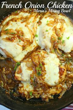 french onion chicken marinara's making bowl in a cast iron skillet with text overlay