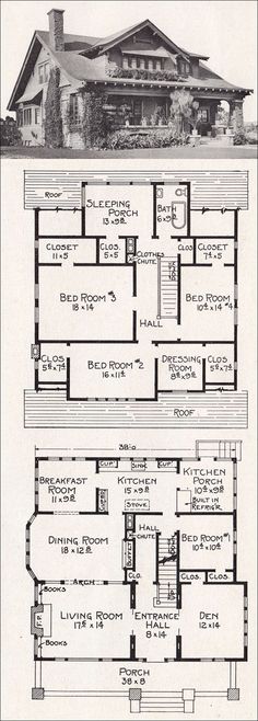 an old house with two floors and three stories in the same room, as well as another floor plan