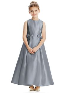 Jewel Neckline Satin Twill Flower Girl Dress With Princess Line Bodice And Bow Detail At Each Seam. Full Skirt With Soft Inverted Pleats. Shown In Platinum. Princess Line, Wedding Bridal Party, Bridal Party Dresses, Jewel Neckline, Dress Measurements, Flower Girl Dress, Stretch Satin, Custom Dresses, Bow Detail