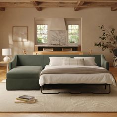 a bed sitting on top of a white rug in a bedroom