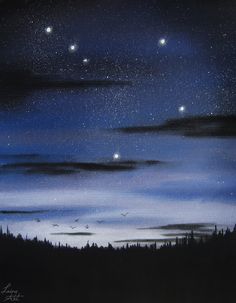 a painting of the night sky with stars and moon in the distance, as well as some clouds