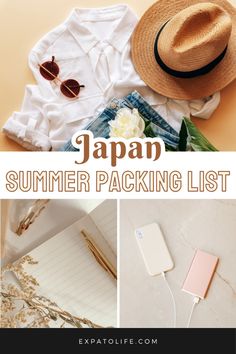 japan's summer packing list with text overlay that reads, japan summer packing list