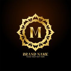 the letter m in a golden frame on a black background with an elegant ornament pattern