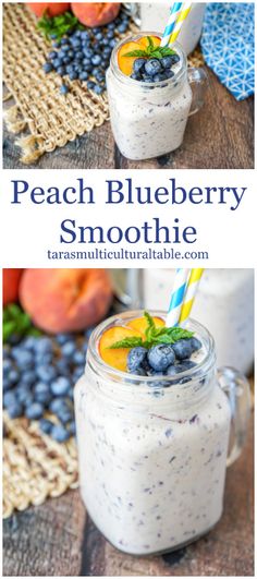 peach blueberry smoothie in a mason jar