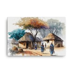 watercolor painting of people walking in front of huts