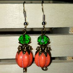 Pumpkin Pierced Earrings Handmade Nickel-free Orange Beaded Drop Earrings, Orange Pierced Earrings As Gift, Orange Earrings With Ear Wire For Gift, Handmade Orange Dangle Earrings, Unique Handmade Orange Earrings, Orange Dangle Earrings For Gift, Handmade Unique Orange Earrings, Nickel-free Orange Earrings For Gift, Nickel Free Orange Earrings For Gift