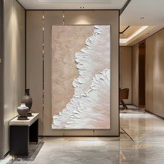 a large abstract painting on the wall in an office lobby with marble flooring and beige walls