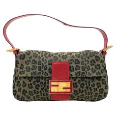 Fendi Baguette Denim Leopard Print with Red Leather Rare For Sale at 1stDibs Red Textiles, Wild Leopard, Hermes Kelly Bag, Structured Shoulder, Vintage Evening Bags, Chanel Flap Bag, Professional Photos, Shopping Photography, Gingham Fabric