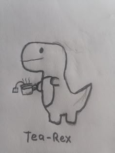 a drawing of a dinosaur holding a cup of tea