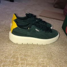 Dark Green Suede Platform Trainers, Run A Little Big. Never Been Worn!! Price Negotiable Green Puma Sneakers With Round Toe, Casual Green Puma Sneakers, Platform Trainers, Shoes Puma, Puma Suede, Puma Shoes, Pumas Shoes, Green Suede, Platform Sneakers